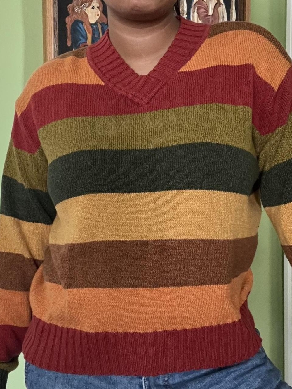 Vintage earth tone striped Fall Granny knit sweater